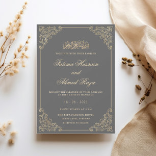 Antique Lace Frame Gold Moody Gray Muslim Wedding Invitation