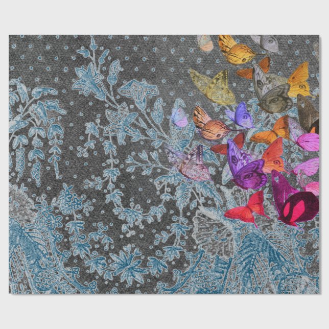 ANTIQUE LACE GIFT WRAP WITH BUTTERFLIES IN BLUE (Flat)