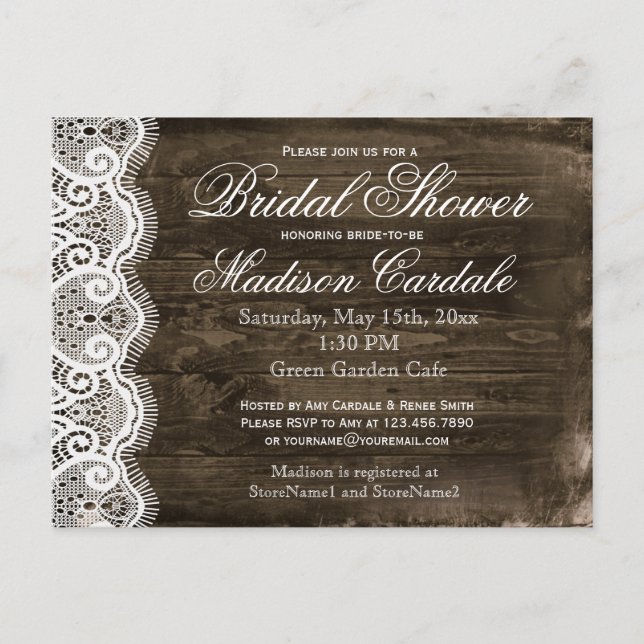 Antique Lace Rustic Bridal Shower Invite Postcards (Front)