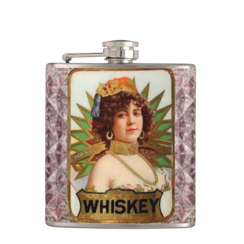 Antique Lady Crystal Whiskey Bottle Label Flask