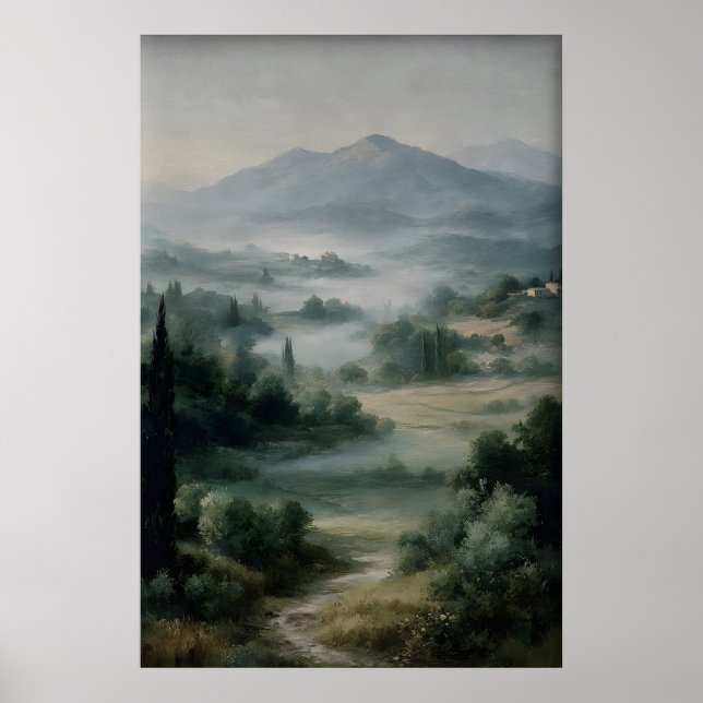 Antique Landscape Print, Green Mountains Field Poster (Front)