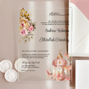 Antique Lantern Pink Floral Vintage Muslim Wedding Acrylic Invitations