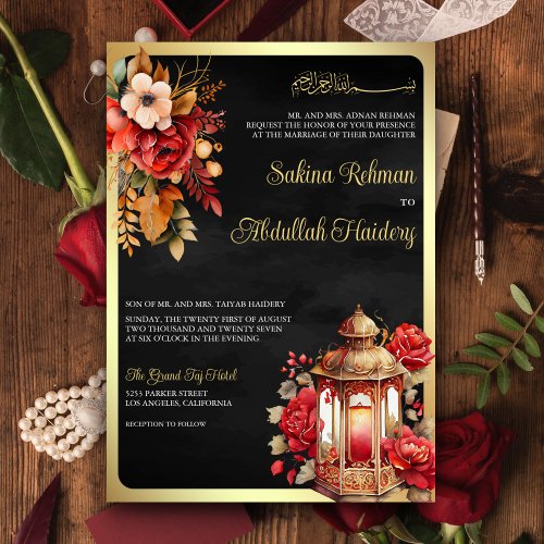 Antique Lantern Red Floral Black Muslim Wedding Invitation