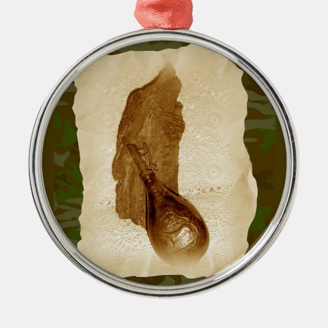 Antique Leather Powder Flask Metal Ornament (Front)