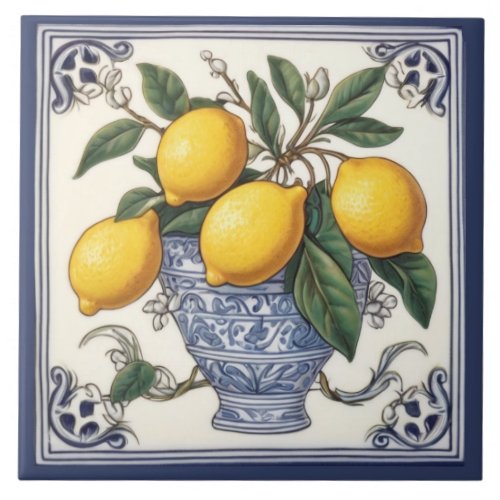 Antique Lemon Art Vintage Blue  Yellow Lemons Ceramic Tile