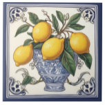 Antique Lemon Art Vintage Blue & Yellow Lemons Ceramic Tile<br><div class="desc">summery sicilian ceramic tile, italian hand painted pattern, mediterranean majolica portuguese design, dark green and white, navy green yellow lemons, fresh summer citrus art, bold vibrant fun portugal, authentic classic traditional painting, rustic countryside farm vacation, swirling lemon swirls</div>