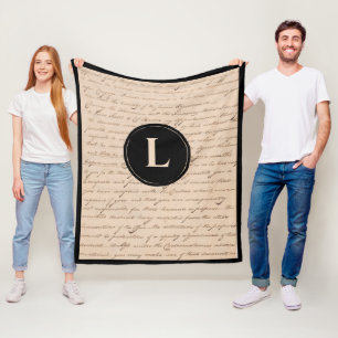 Antique Letter Monogram Black Initial Handwriting Fleece Blanket