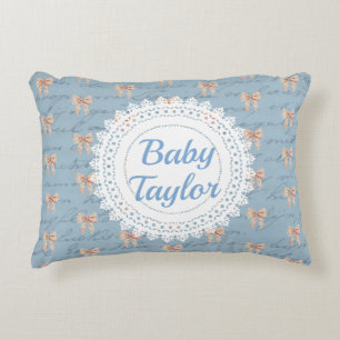 Antique Lettering Toile Bows Personalized Accent Pillow