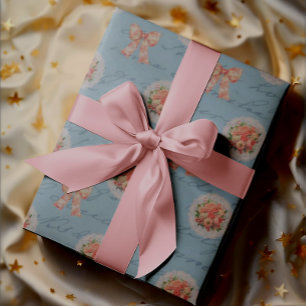 Antique Lettering Vintage Roses Toile Bows Wrapping Paper