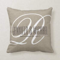 Antique Linen Look with White Monogram Throw Pillow