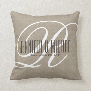 Antique Linen Look with White Monogram Throw Pillow