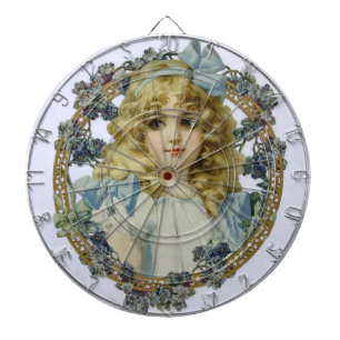 Antique Little Girl Child Portrait Beautiful Dartboard With Darts