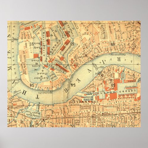 Antique London map River Thames old vintage Poster