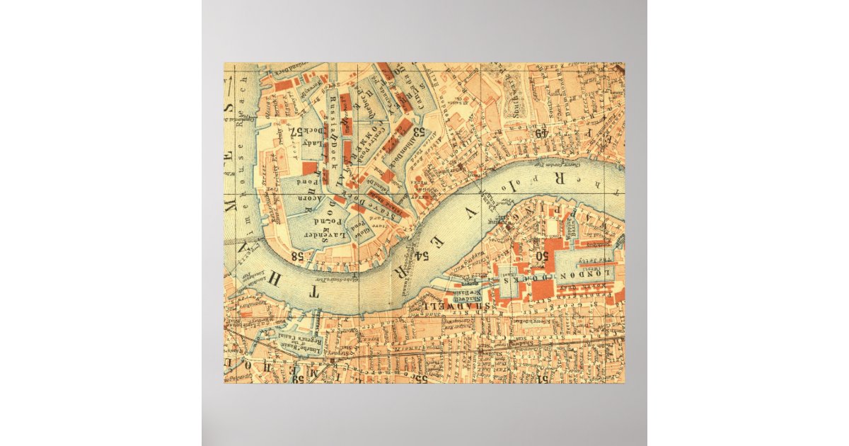Antique London Map River Thames Old Vintage Poster