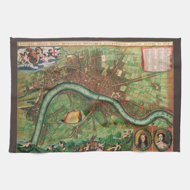 Antique London Street Map by Johannes de Ram, 1689 Kitchen Towel (Horizontal)