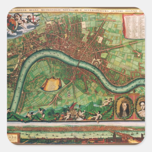 Antique London Street Map by Johannes de Ram, 1689 Square Sticker (Front)