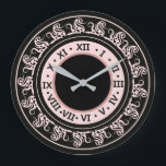 Antique Look Black and Peachy Pink Roman Numerals Large Clock<br><div class="desc">This antique looking design features black Medieval-looking scrollwork with Roman numerals against a background of peachy pink. The vintage pattern around the outside looks a bit serpentine,  and there's a circle of deeper peach-pink around the black center of the clock face.</div>