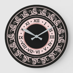 Antique Look Black and Peachy Pink Roman Numerals Large Clock