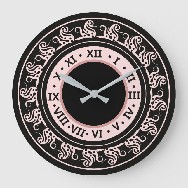 Antique Look Black and Peachy Pink Roman Numerals Large Clock (Front)