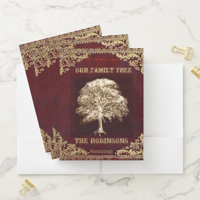 Antique Look Genealogy Family Tree Gold Ornamental Pocket Folder (In Situ)