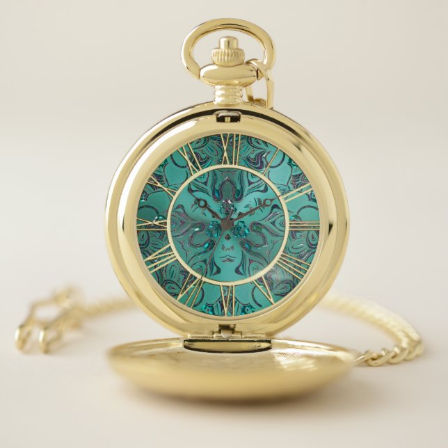 Antique Look Jeweled Teal Mandala Pocket Watch (Inside)