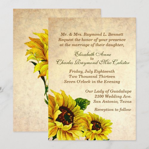 Antique Look Sunflowers Wedding Invitation