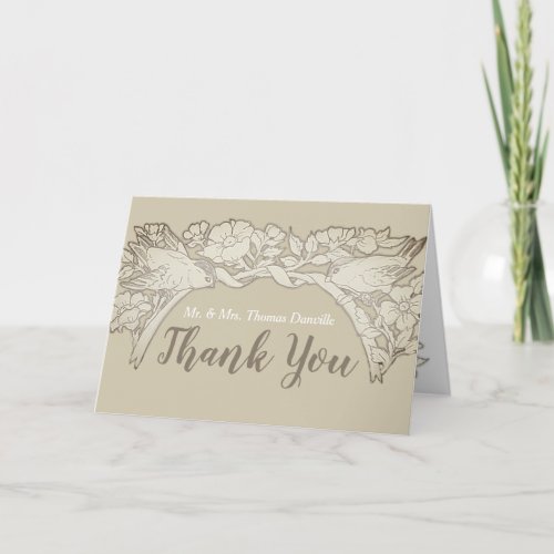 Antique Look Tan Paper Floral Bird Wedding Thanks Holiday Card