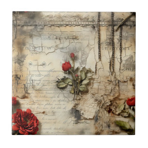 Antique Love Letter Calligraphy Floral Ceramic Tile