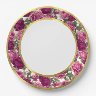 Antique Magenta & Pink Victorian Garden Roses Gold Paper Plates