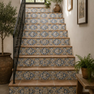 Antique Manor Vintage Blue and Sand Floral Mosaic Ceramic Tile