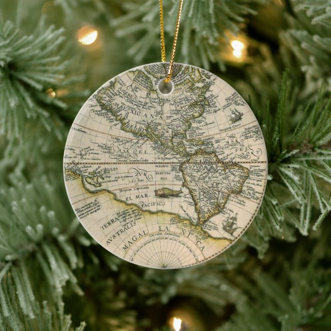 Antique Map, 1596, America Sive Novus Orbis Ceramic Ornament (Tree)