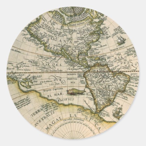 Antique Map 1596 America Sive Novus Orbis Classic Round Sticker