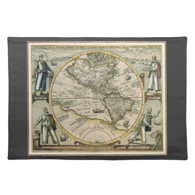 Antique Map, 1596, America Sive Novus Orbis Cloth Placemat (Front)