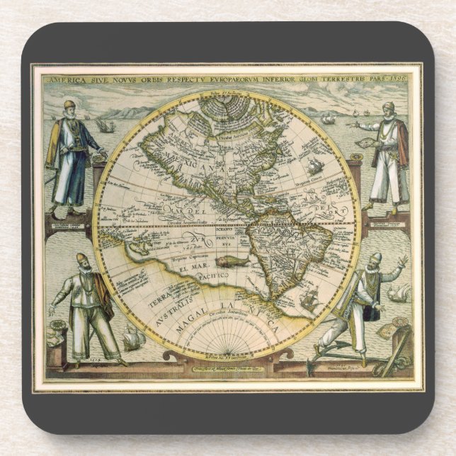 Antique Map, 1596, America Sive Novus Orbis Coaster (Front)