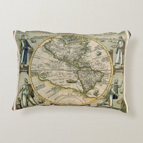 Antique Map 1596 America Sive Novus Orbis Decorative Pillow
