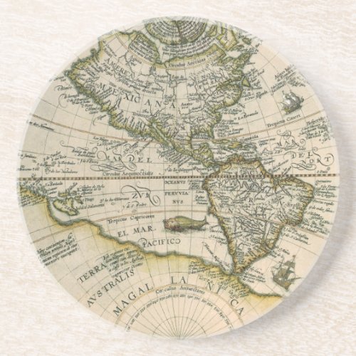 Antique Map 1596 America Sive Novus Orbis Drink Coaster