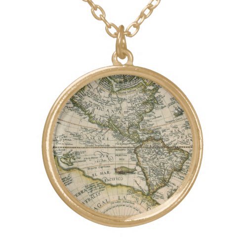 Antique Map 1596 America Sive Novus Orbis Gold Plated Necklace