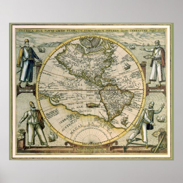 Antique Map, 1596, America Sive Novus Orbis Poster (Front)
