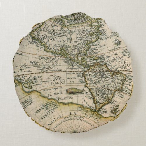 Antique Map 1596 America Sive Novus Orbis Round Pillow