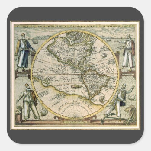 Antique Map 1596 America Sive Novus Orbis Square Sticker