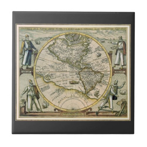 Antique Map 1596 America Sive Novus Orbis Tile