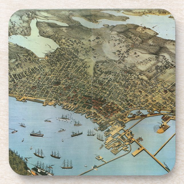 Antique Map Aerial View City of Seattle Washington Beverage Coaster (Front)