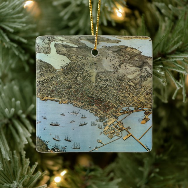 Antique Map Aerial View City of Seattle Washington Ceramic Ornament (Tree)