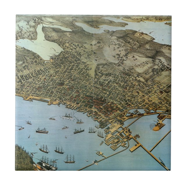 Antique Map Aerial View City of Seattle Washington Ceramic Tile (Front)