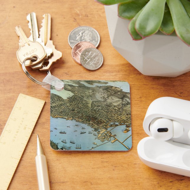Antique Map Aerial View City of Seattle Washington Keychain (Desk)