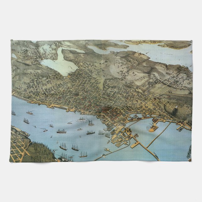 Antique Map Aerial View City of Seattle Washington Kitchen Towel (Horizontal)