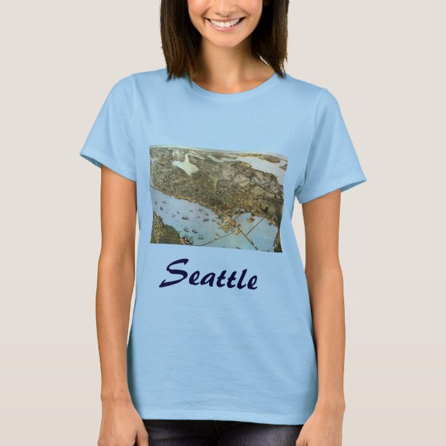 Antique Map Aerial View City of Seattle Washington T-Shirt (Front)