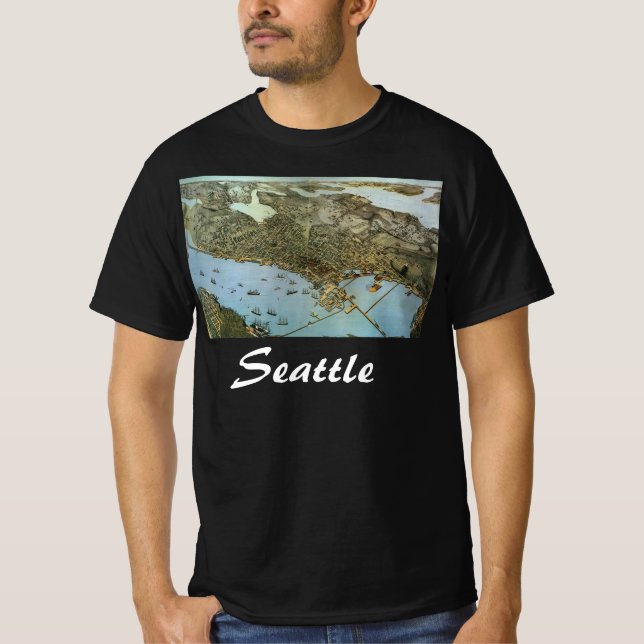 Antique Map Aerial View City of Seattle Washington T-Shirt (Front)