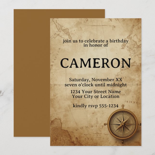 Antique Map and Compass Vintage Nautical Invitation (Front/Back)