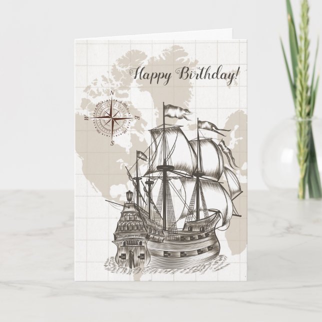 Antique Map and Sailboat Birthday Card (Front)